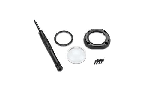 Garmin 010-11921-03 VIRB replacement lens: clear lens, black frame, O-ring, screws and a screwdriver