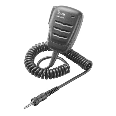 Icom HM-228 speaker microphone, grey microphone with a ribbed front, a coiled lead and a small multi-pole plug