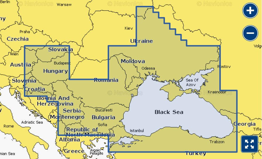 Garmin Navionics+ 010-C1258-20 Black Sea and Azov Sea NSEU063R coverage, selection over Ukraine and Romania