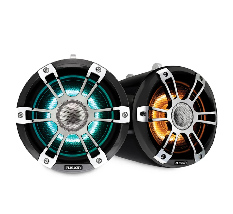 Fusion Signature Series 3 010-02438-00 6.5in black wake tower speaker pair, chrome grilles lit aqua and amber