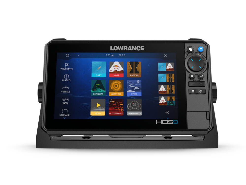 Lowrance HDS PRO 9 000-15997-001 touchscreen display showing home screen icons on black background, no transducer