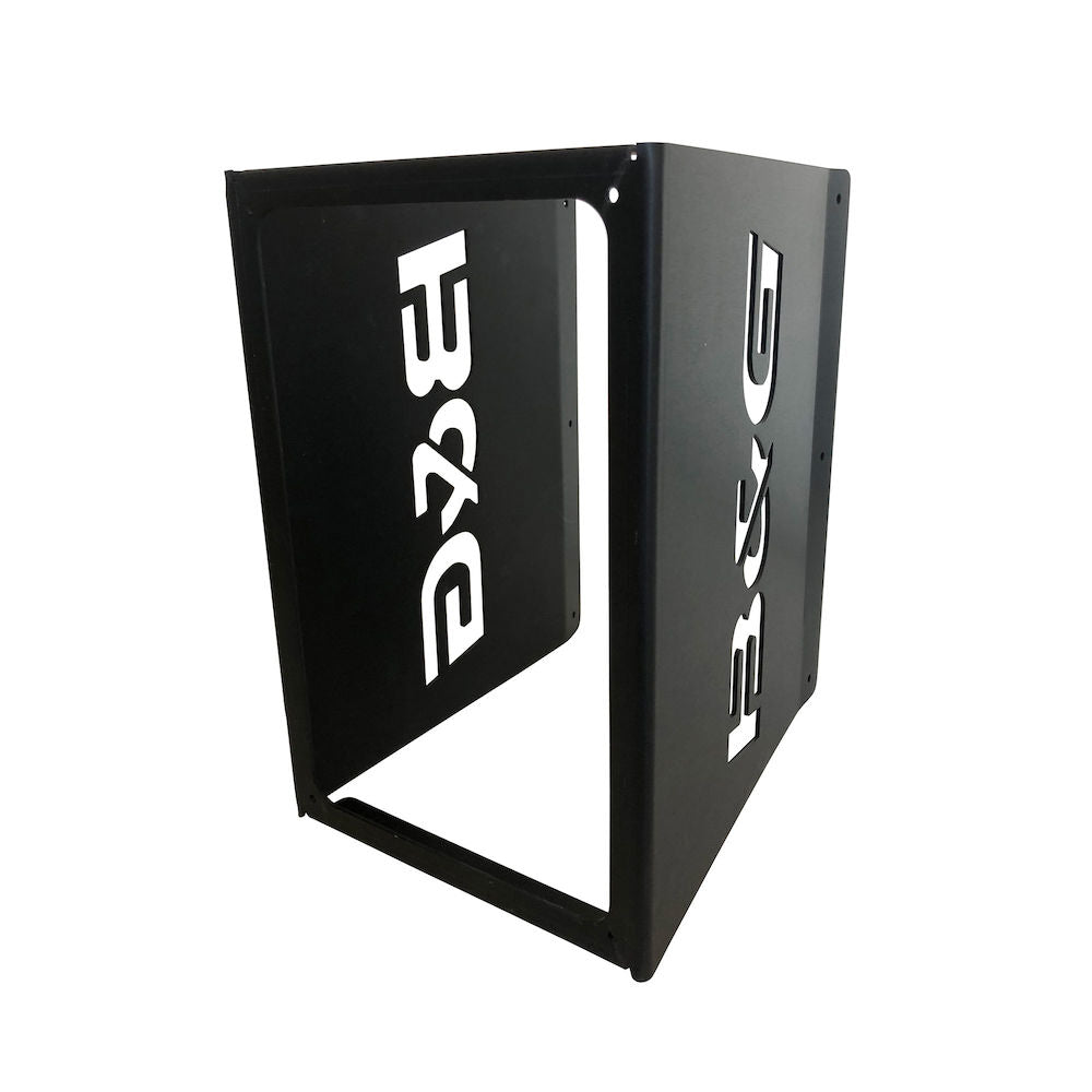 B&G 000-15894-001 Nemesis 12 mast bracket, black folded steel bracket with white B&G logos on its sides