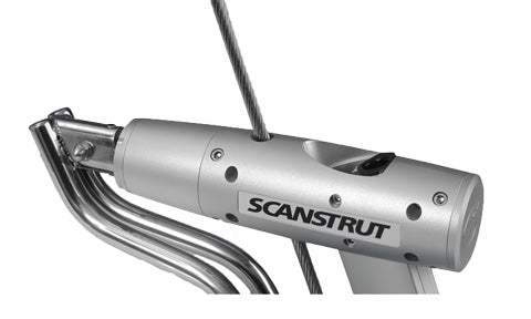 Scanstrut LMB-F2 self levelling radar mount, silver aluminium pivot housing on a stainless backstay, close-up