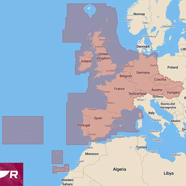 Raymarine R70794-WEU LightHouse chart coverage map of Western Europe, shaded areas from Norway to Spain and Morocco