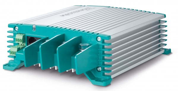 Mastervolt Mac Plus 12/12-50 81205105 converter, angled view of finned heatsink, teal end plates and terminals