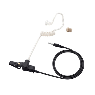Icom SP-26 tube earphone, clear coiled acoustic tube with an ear tip, a clip and a lead with a 3.5 mm plug