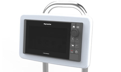 Scanstrut SPH-9-W helm pod in white holding a Raymarine multifunction display, front view on a stainless handrail