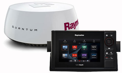 Raymarine T70290 eS78 7 inch Wi-Fi MFD with Quantum Q24C radar, white radome beside a display showing app icons