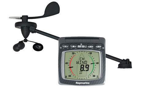 Raymarine T101-868 wireless multi wind system, wind vane on a long arm and a grey Micronet display reading 8.9