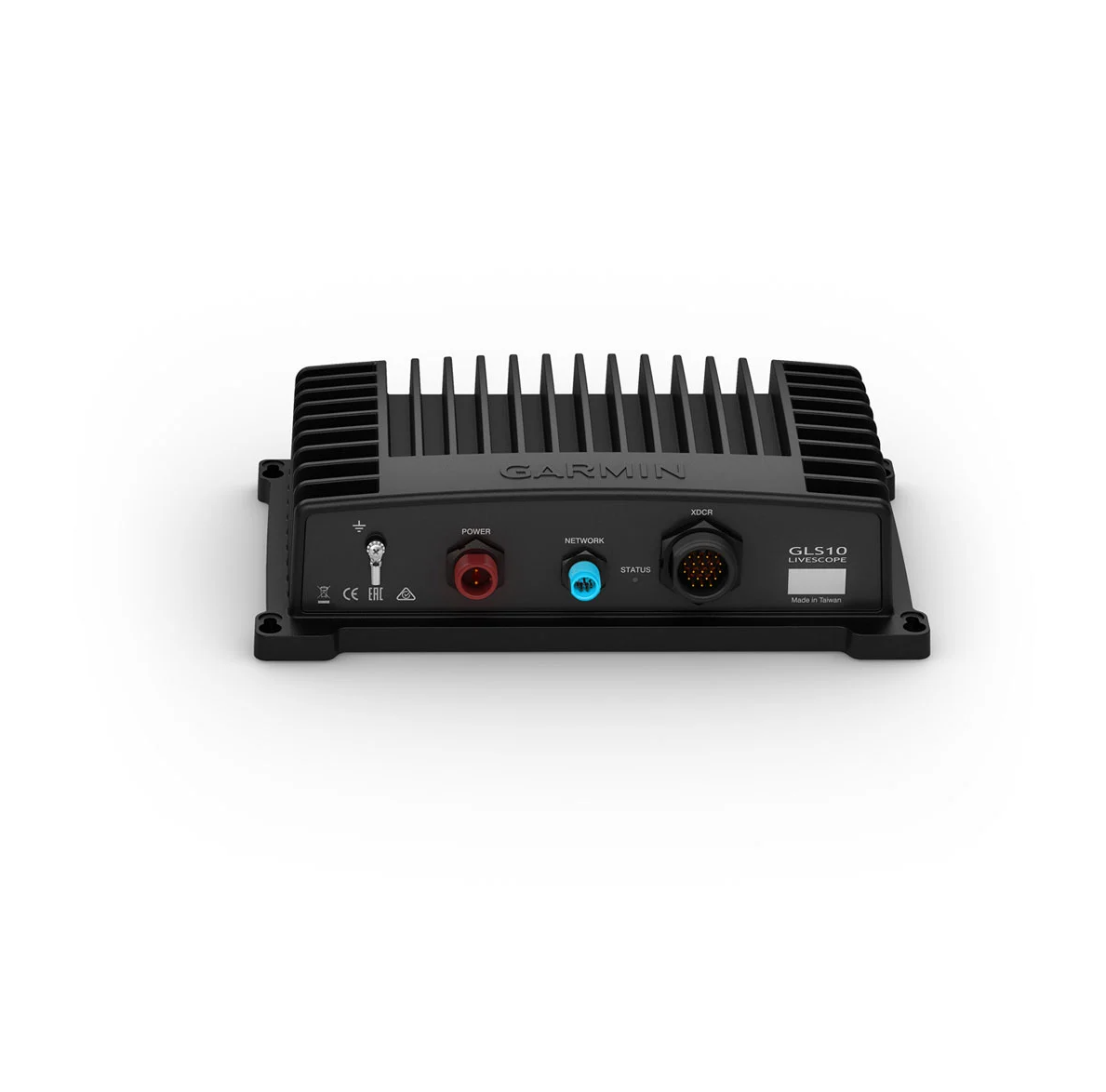 Garmin GLS 10 010-12954-00 sonar module, black finned box with red, blue and round sockets