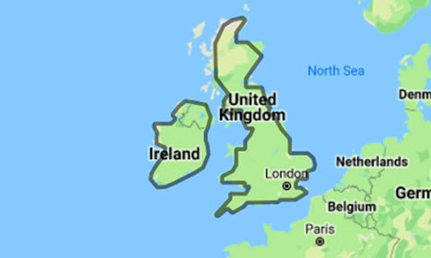 C-Map Local Chart EW-Y334 UK and Inland Waters, coverage outline around Great Britain and Ireland on a map