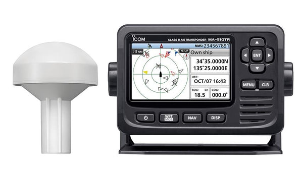 Icom MA-510TR Class B AIS transponder, black display unit with a chart screen and a white GPS dome beside it