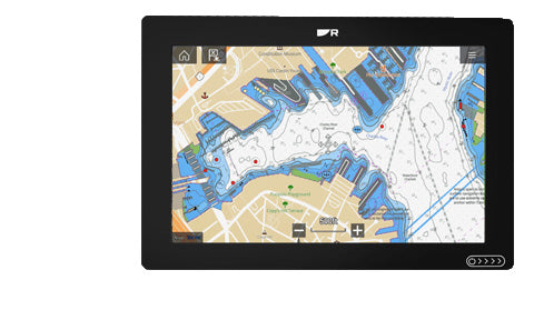 Raymarine E70638 Axiom+ 12, front view of black display showing a harbour chart with a route
