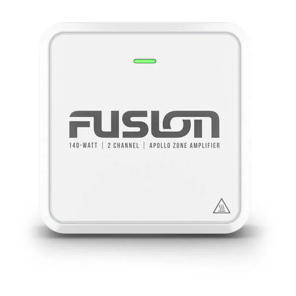 Fusion Apollo Zone 010-02569-00 2 channel marine amplifier, white cube with green LED and 140-watt label