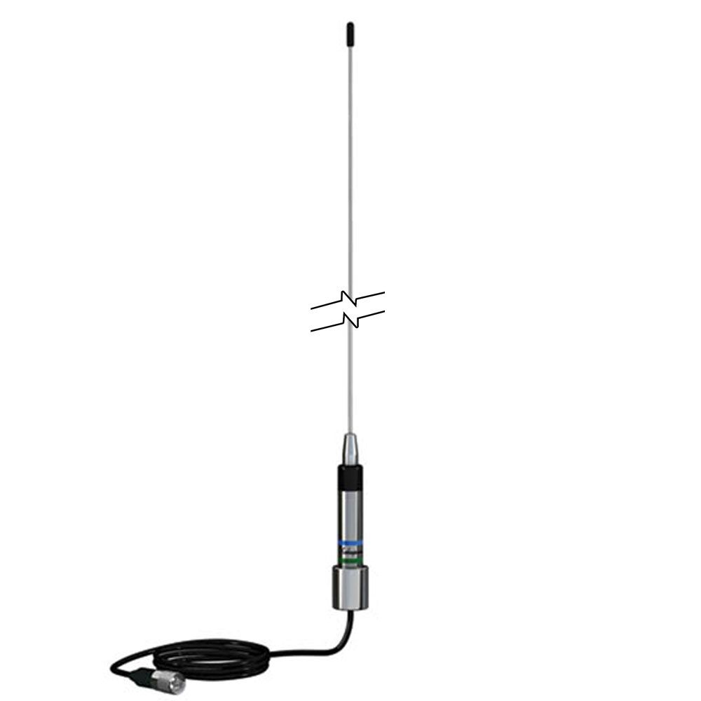 Shakespeare Skinny Mini 3dB stainless steel VHF whip antenna, 0.9 m, 818-5250D, thin whip on a steel mount with a coiled lead