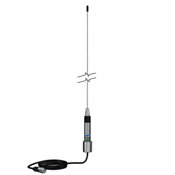 Shakespeare Skinny Mini 3dB stainless steel VHF whip antenna, 0.9 m, 818-5250D, thin whip on a steel mount with a coiled lead