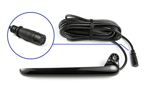 Lowrance TripleShot Skimmer transducer 000-14029-001 with cable, inset showing the multi-pin plug end