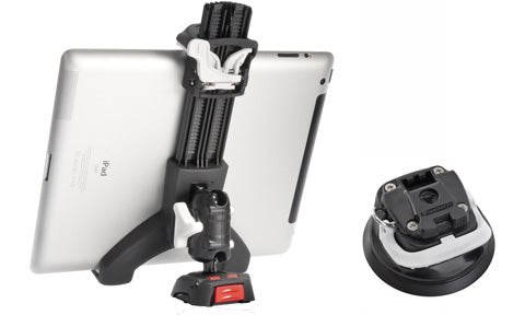 ROKK Mini tablet kit RLS-508-405 with suction base, a tablet in a black clamp on a ball joint, with the suction cup beside it