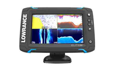 Lowrance Elite-7 Ti 000-14369-001 on pedestal bracket, four-pane screen with blue and yellow sonar, front view