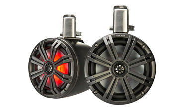 Kicker KM Marine 8 inch tower coaxial speaker system in black, KA45KMTC8, two charcoal tower speakers, one lit orange