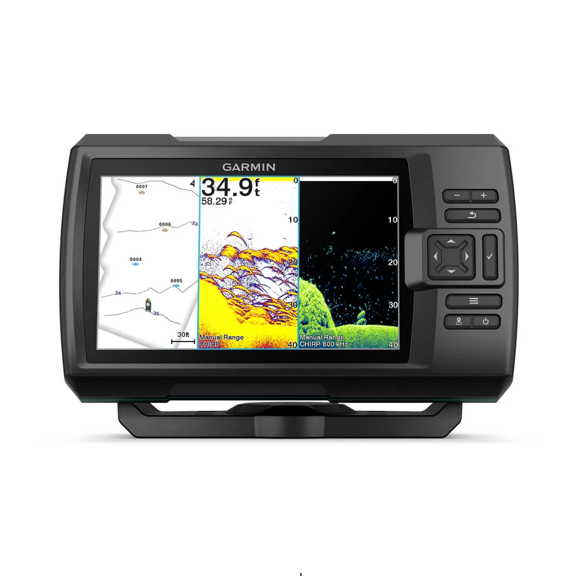 Garmin STRIKER Vivid 7cv 010-02552-01 with GT20-TM transducer, front view of chart and sonar, 34.9 depth
