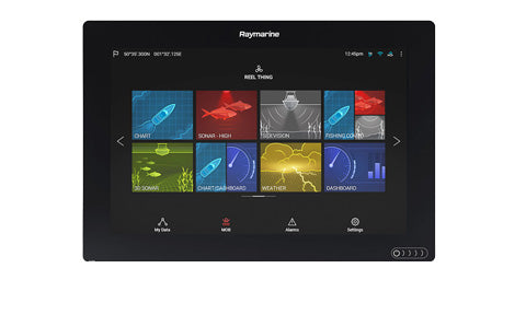 Raymarine E70369-00 Axiom 12 RV, front view of a black display showing coloured app tiles