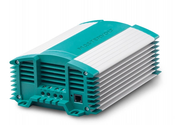 Mastervolt Magic 12/12-20 DC converter 81300400, teal and silver finned unit seen from the terminal end with RJ45 port