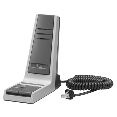 Icom SM-26 desktop microphone, grey and black stand with push buttons and a coiled cable ending in an RJ45 plug