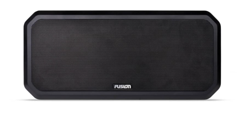 Fusion Sound Panel 010-01791-00 in black, front view of rectangular speaker with grille and Fusion logo