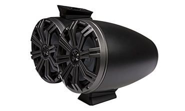 Kicker KM Marine 8 inch surface mount coaxial speaker pair, KA46KMFC8, black housings, spoked grey grilles, mounting feet