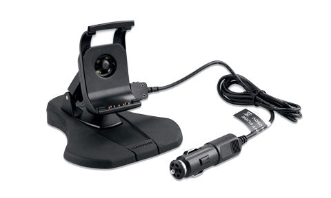 Garmin 010-11654-04 friction mount with speaker, black weighted base, cradle and 12V plug lead, angled view