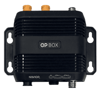 Navico 000-15756-001 NavIOP programmable 1 GHz OP-Box, black ribbed box with two orange sockets and mounting ears