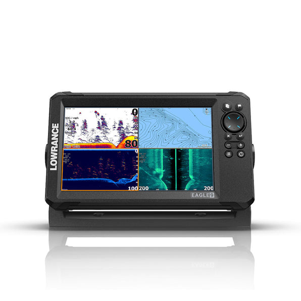 Lowrance 000-16231-001 Eagle 9 without transducer, front view of a 9 inch fishfinder showing sonar and chart panes