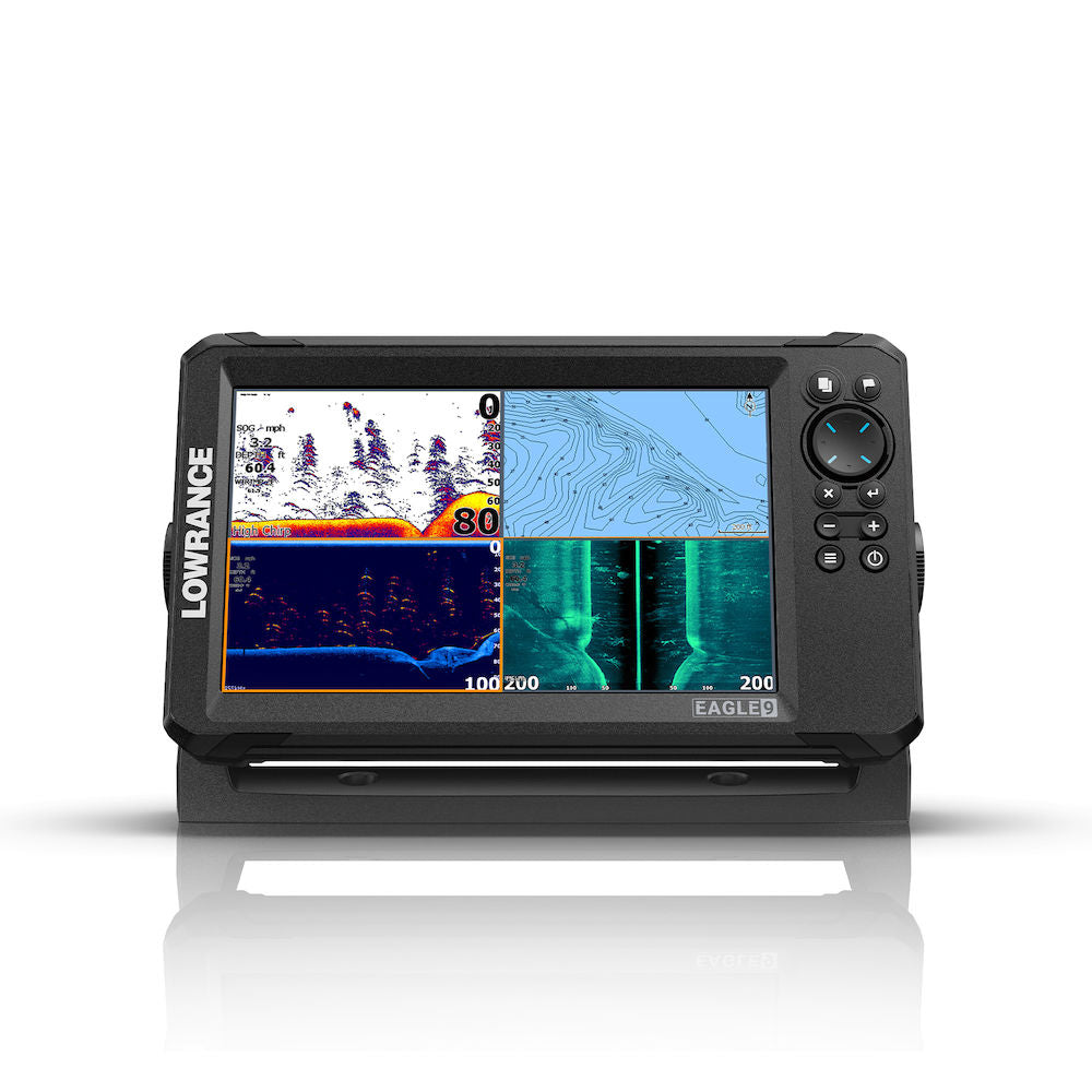 Lowrance 000-16231-001 Eagle 9 without transducer, front view of a 9 inch fishfinder showing sonar and chart panes