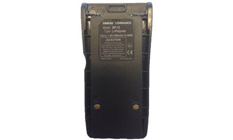 Lowrance BP-10 000-11569-001 black lithium polymer battery pack for VHF handheld, rear view with label and contacts