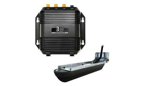 Simrad StructureScan 3D module 000-12395-001 with black transom mount transducer shown in front of the module