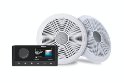 Fusion MS-RA210 010-02250-50 marine stereo and XS classic speaker kit, black head unit with white round speakers