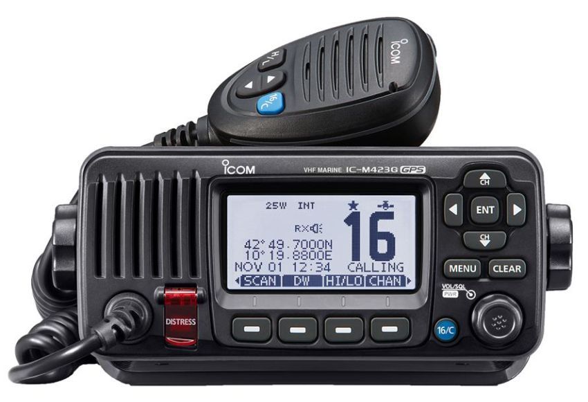 Icom IC-M423GE black fixed-mount VHF/DSC radio, front view with display showing channel 16 and coiled microphone