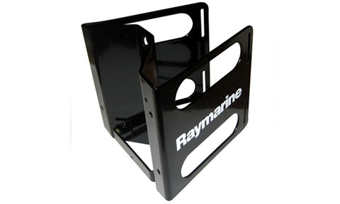 Raymarine T137 slug mast bracket 1 up, black powder-coated steel bracket with white Raymarine lettering, angled view