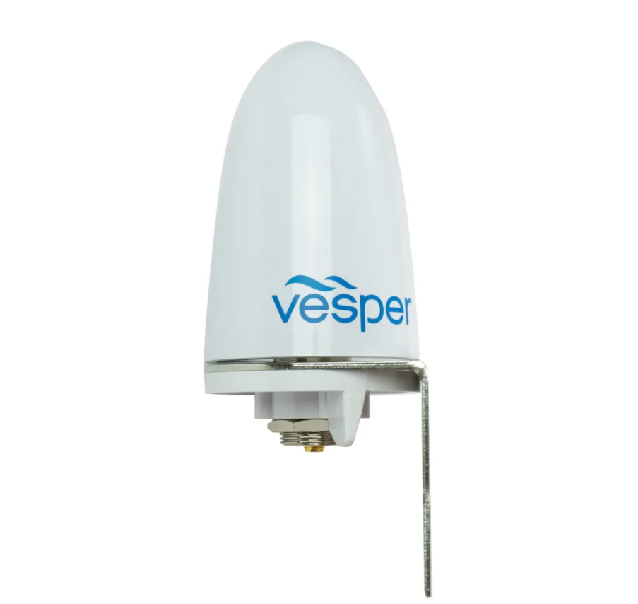 Vesper Cortex 010-13266-20 external cellular antenna GPA680, white bullet antenna with Vesper logo and bracket
