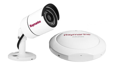 Raymarine T70452 CAM210 ClearCruise AR pack, white bullet camera on a bracket beside a white AR200 unit