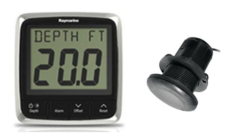 Raymarine E70148 i50 depth pack with P319 through hull transducer, display showing depth 20.0 ft and black fitting