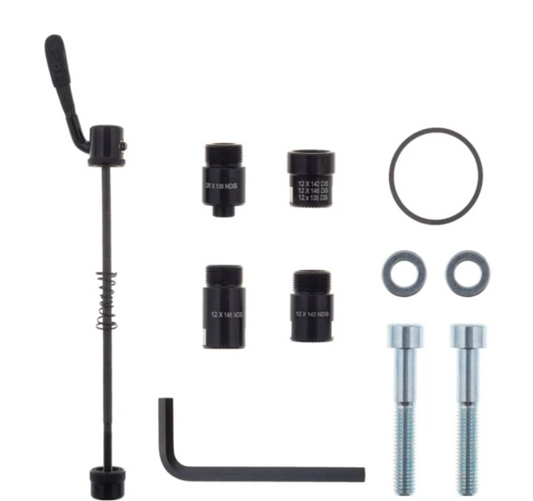 Flux S0054 assembly kit for 12 mm axle, quick release skewer, four adapter sleeves, O-ring, washers and bolts