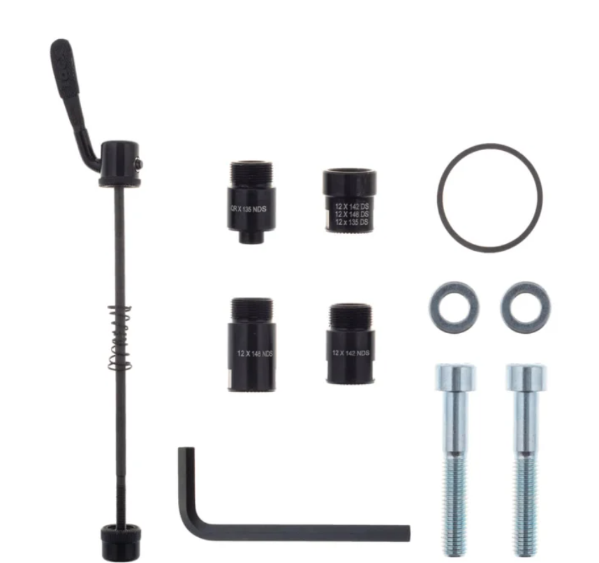 Flux S0054 assembly kit for 12 mm axle, quick release skewer, four adapter sleeves, O-ring, washers and bolts