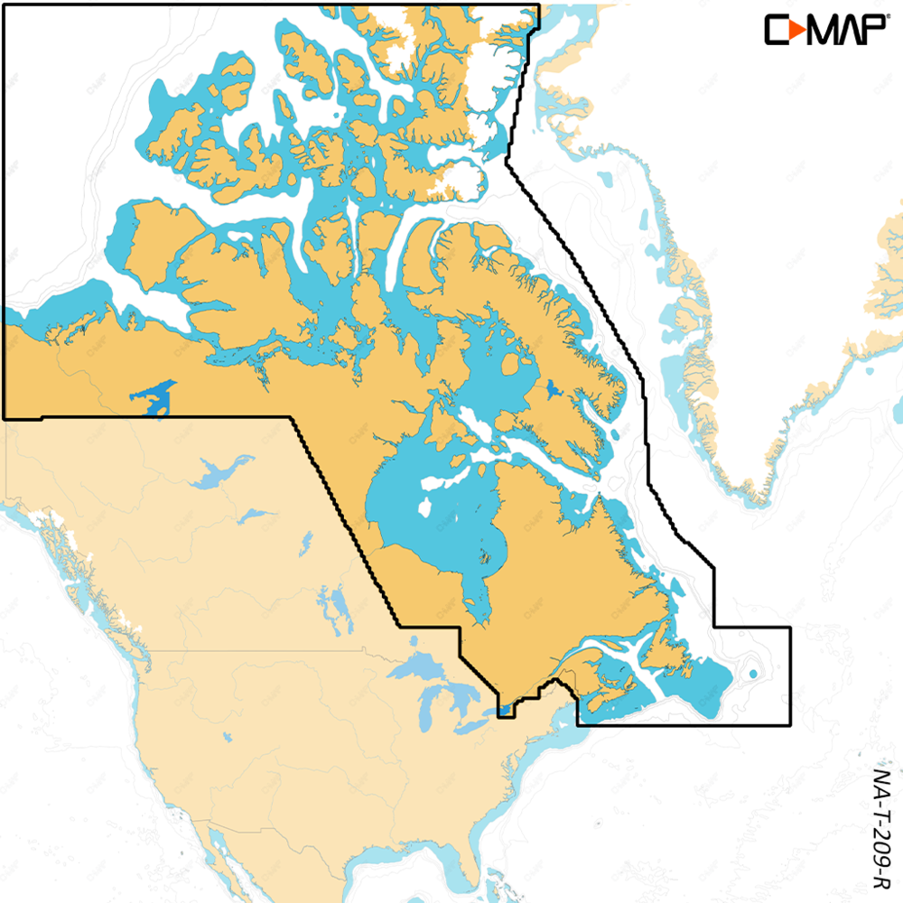 C-MAP Reveal X chart coverage map M-NA-T-209-R-MS, outline over northern Canada and Arctic islands