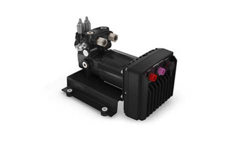 Garmin SmartPump v2 010-00705-62, black hydraulic pump on a steel plate with purple and red ports