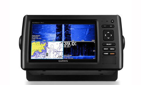 Garmin echoMAP CHIRP 75sv 010-01577-10 GPS with SideVu, front view of sidescan sonar and chart, 39.0
