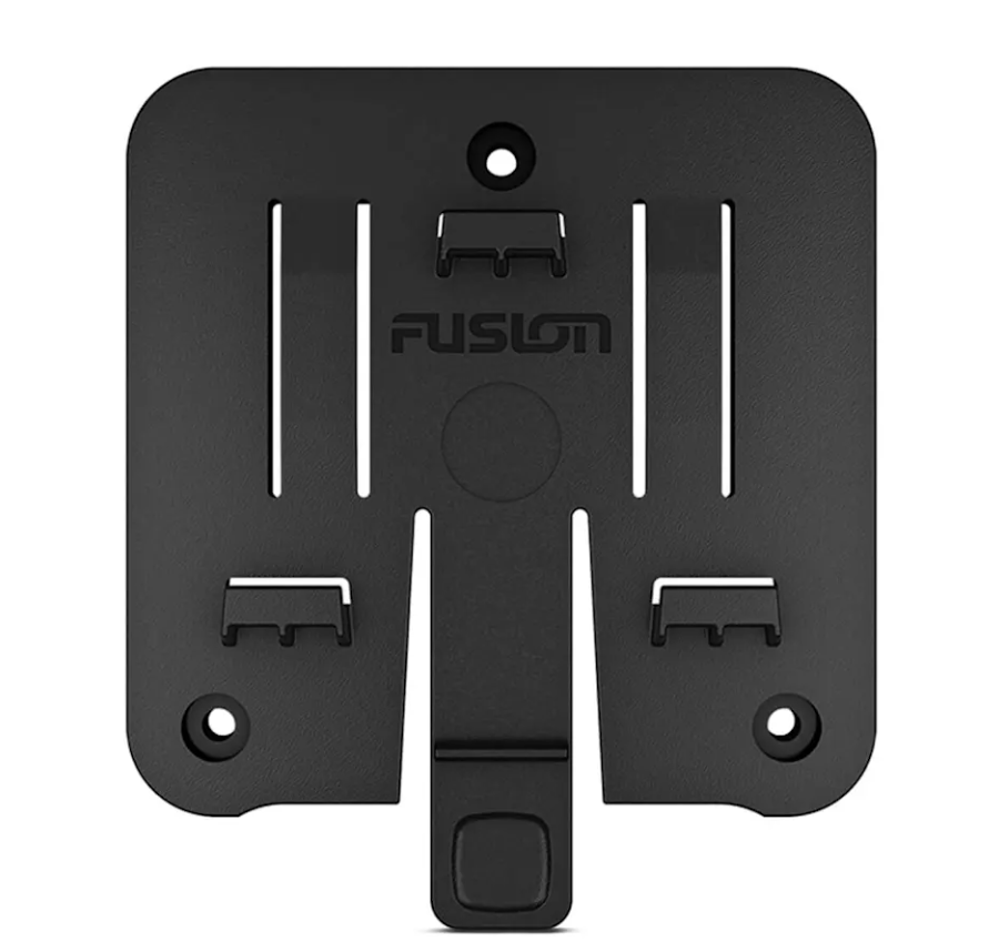 Fusion 010-13097-00 Apollo Zone amplifier mounting bracket, black plate with slots and Fusion logo, front view