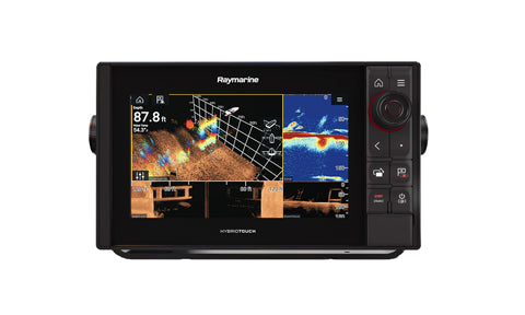 Raymarine E70371 Axiom Pro 9 RVX with RealVision 3D, front view showing 3D sonar at 87.8 ft and a side scan image