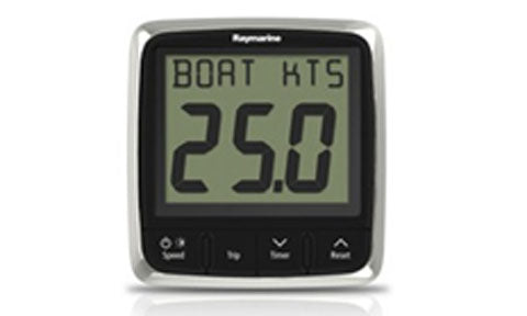 Raymarine E70058 i50 speed instrument display, silver-framed unit reading boat kts 25.0 with three buttons